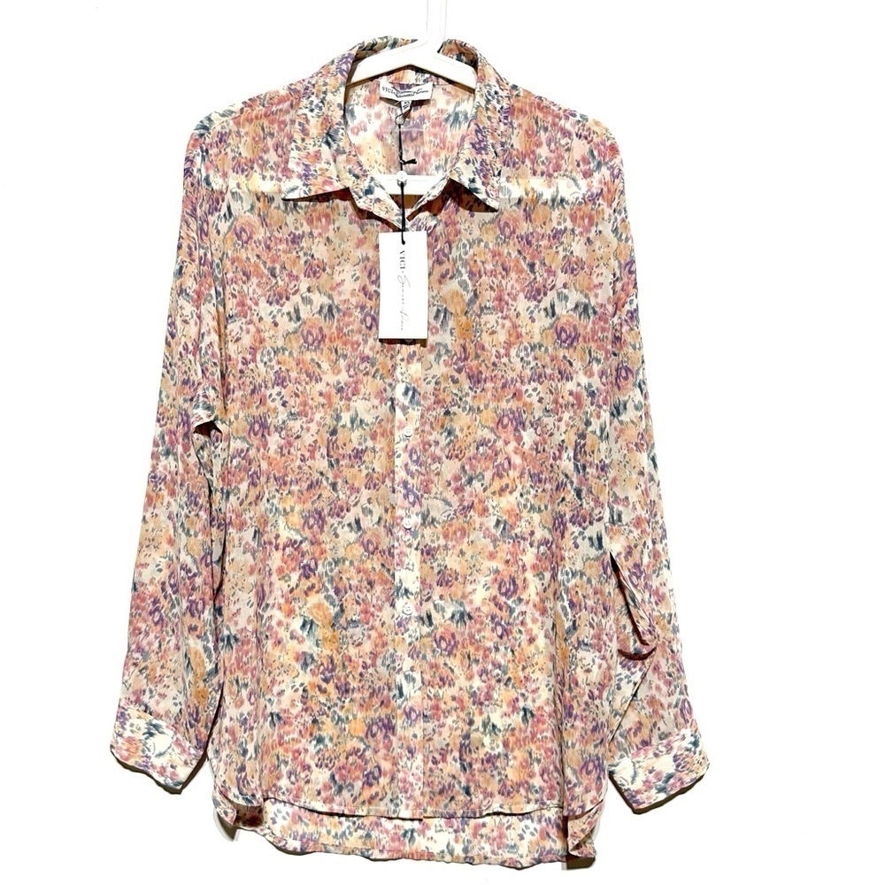 VICI X Summer Of Diane Sheer Watercolor Print Button Front Long Sleeves Shirt XS